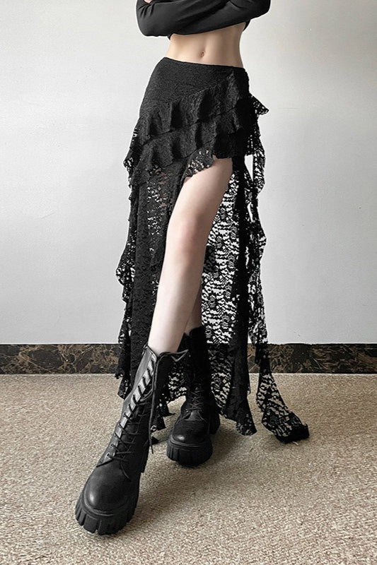 Lace Overlay Wave Detail Bodycon Skirt