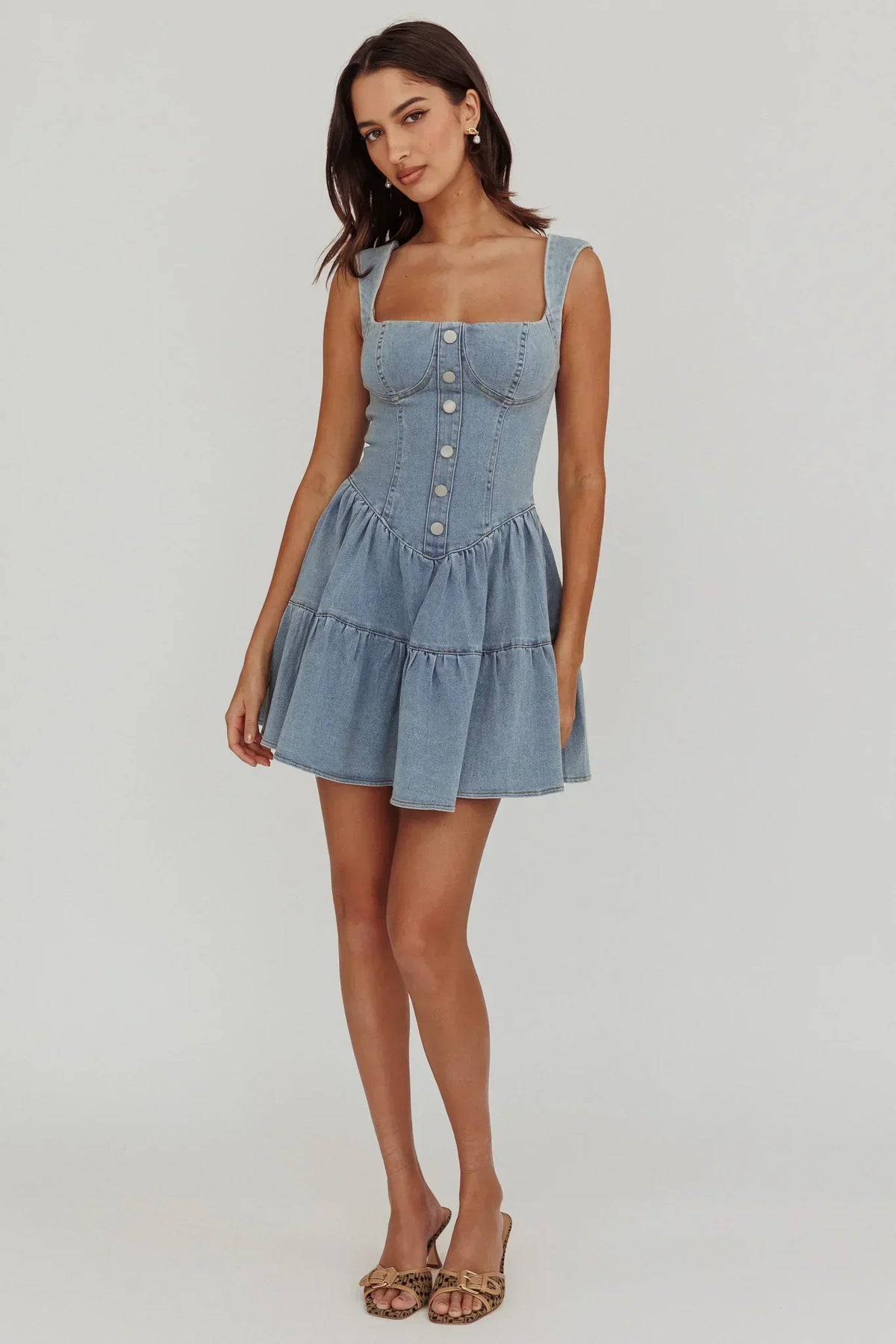 Denim-Look Square Neck Button Front Corset Bodice Tiered Mini Dress 4