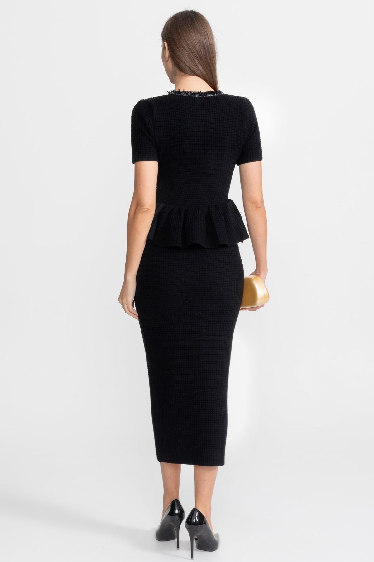 Textured Knit Short Sleeve Embellished Trim Peplum Waist Bodycon Midi Dress 6