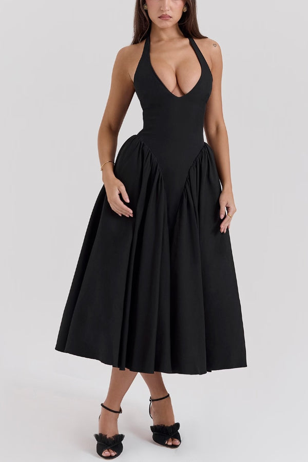 Timeless Lilly Solid a Line Halter Midi Dresses with Deep V Neck Boutique Dress Collection