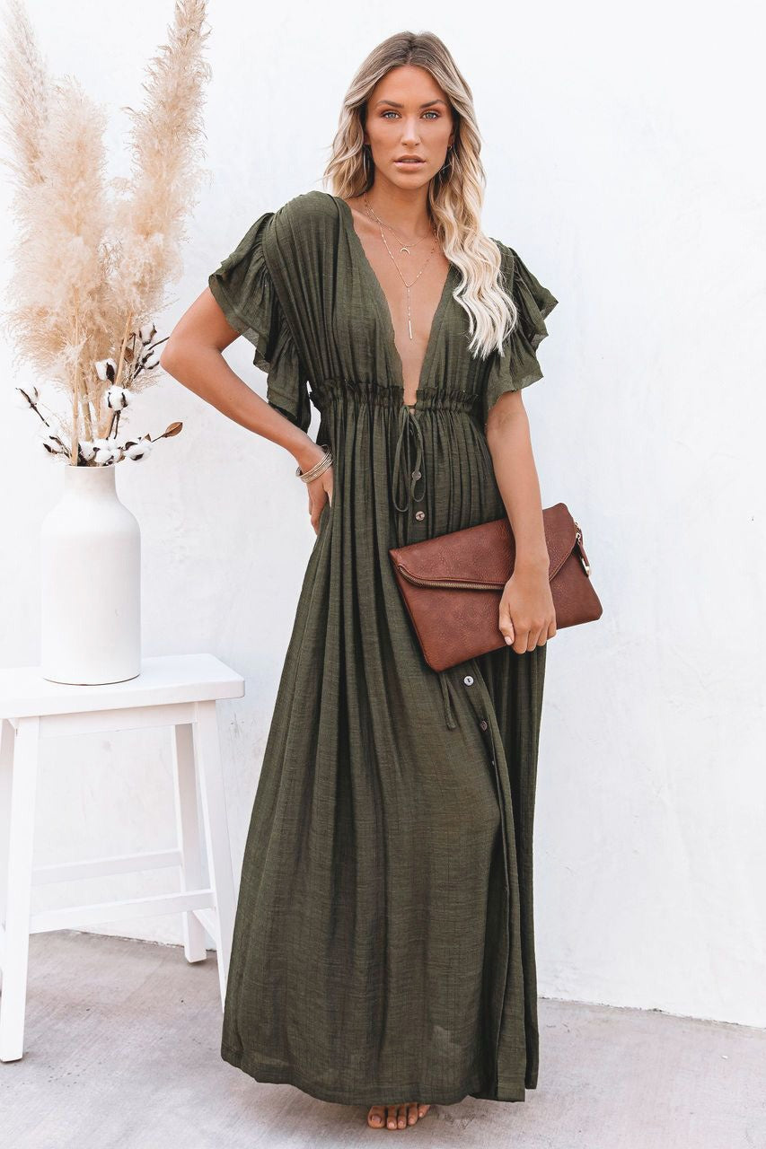 Button Front Drawstring Waist Maxi Boho Dress