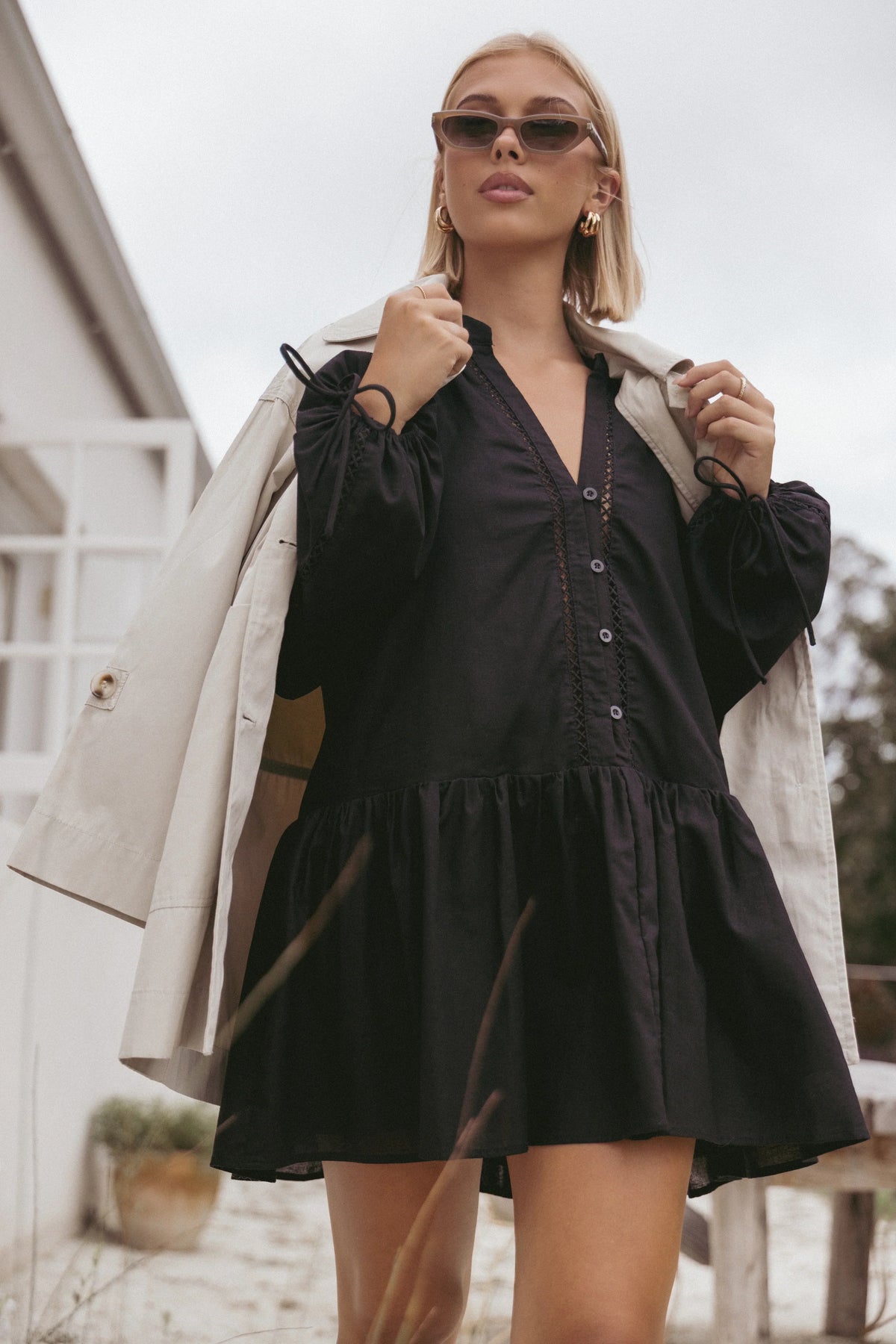 Button Front V-Neck Balloon Sleeve Tie Cuff Drop Waist Mini Dress