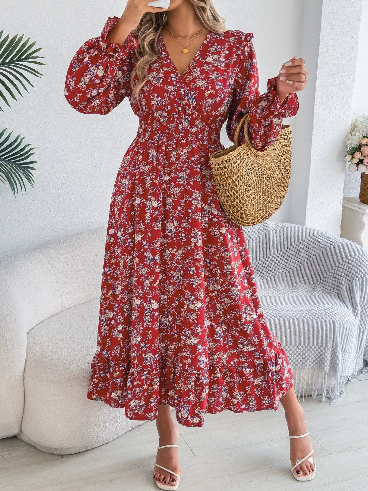 Floral Print Surplice V-Neck Ruffle Shoulder Smocked Waist Tiered Midi Dress 7