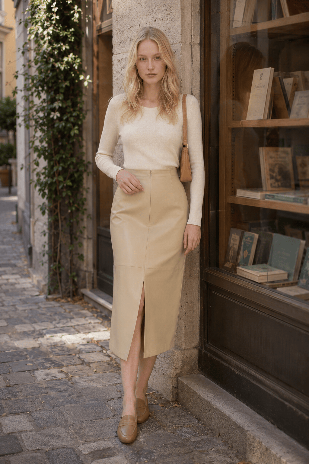 Faux Leather Piping Sit Midi Skirt