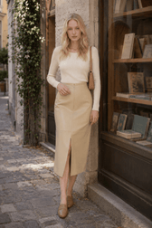 Faux Leather Piping Sit Midi Skirt