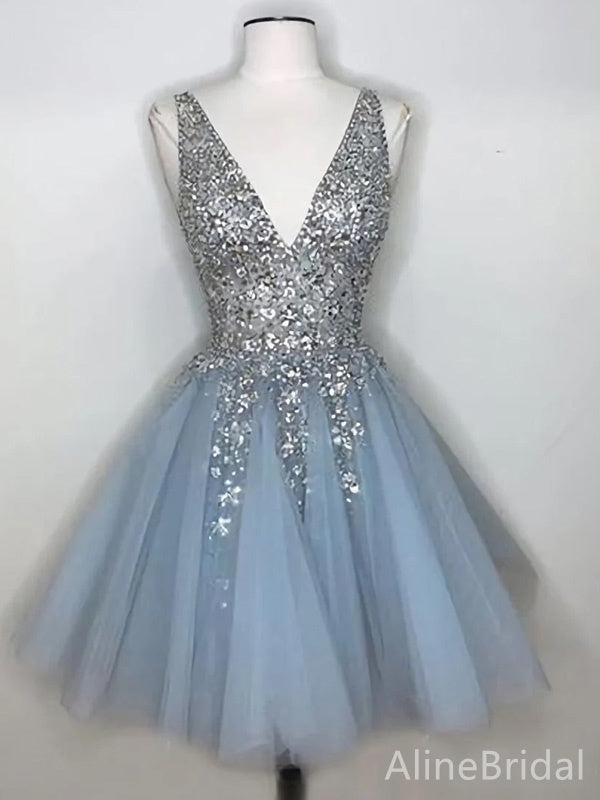 Sequin Beaded Deep V-Neck Tulle A-Line Homecoming Dress