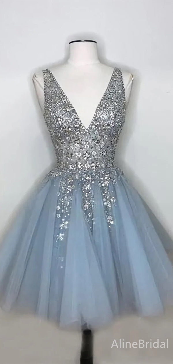 Sequin Beaded Deep V-Neck Tulle A-Line Homecoming Dress 2