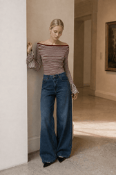 Striped Ruffle-Sleeve Knit Top