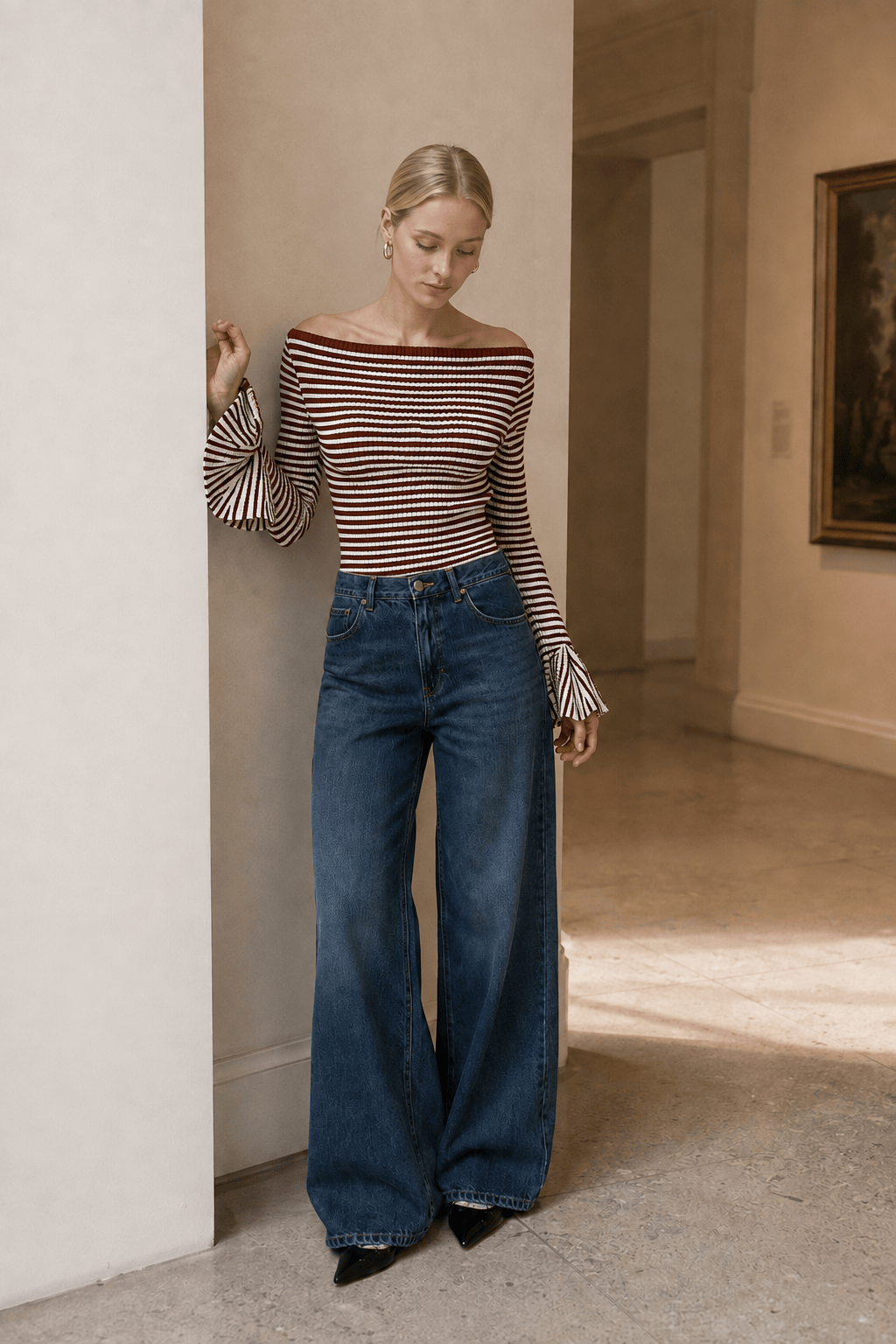 Striped Off Shoulder Long Flare Sleeve Ribbed Knit Top 5