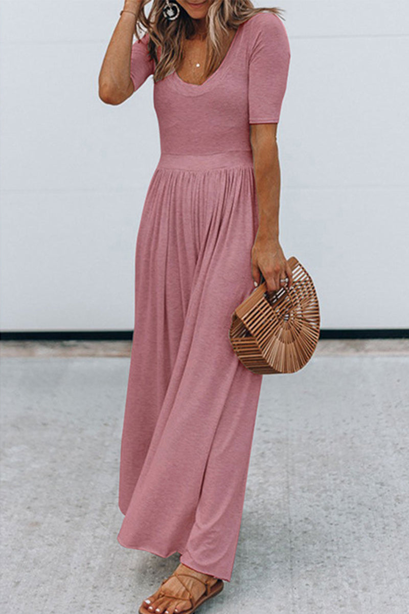 Round Neck Short Sleeve High Waist Long Jumpsuit