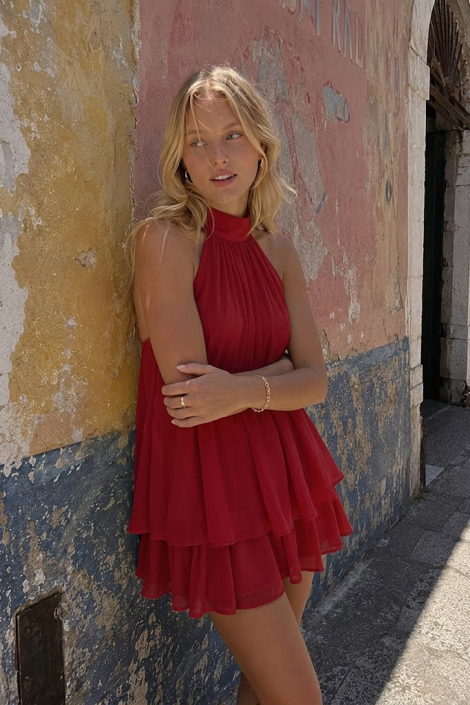 Sexy Backless Halter Tie Waist Slim Fit Ruffled Mini Dress