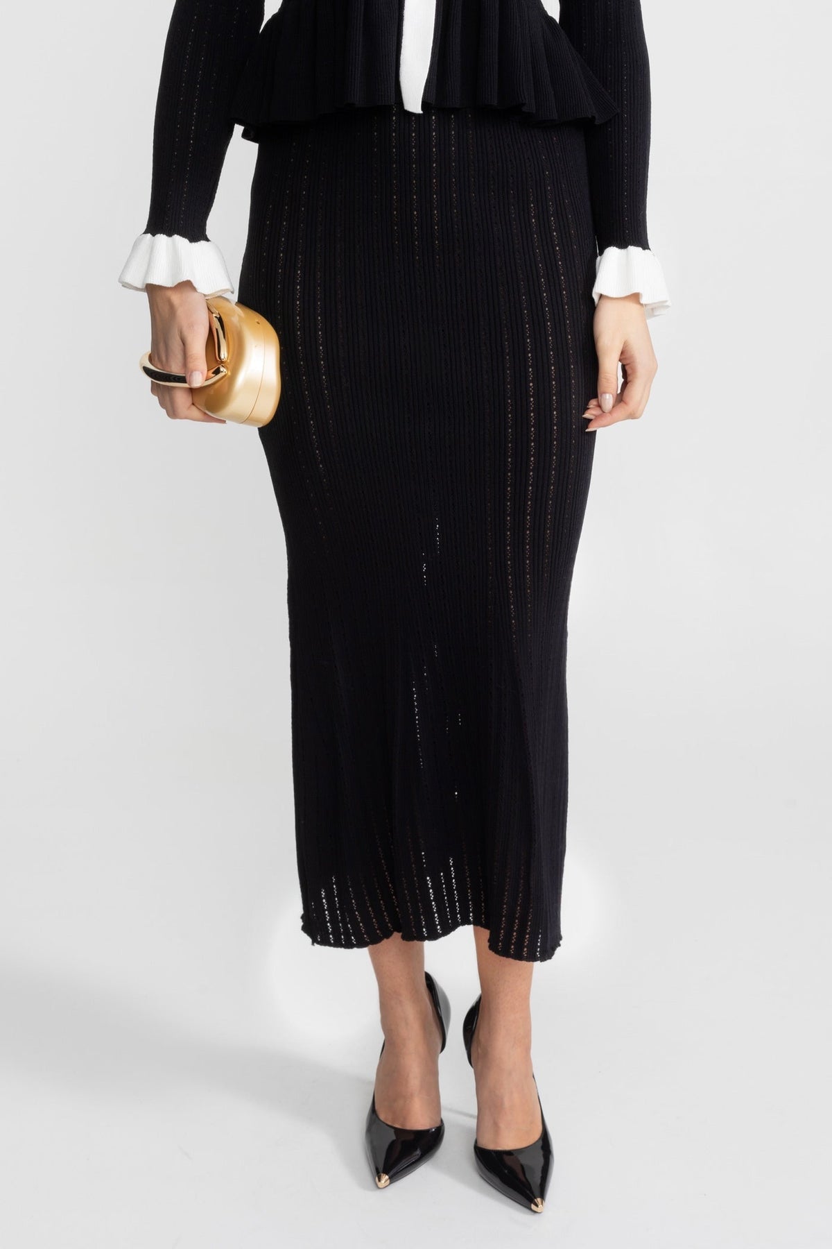 Pointelle Knit Contrast Trim Ruffle Cuff Peplum Cardigan and Column Midi Skirt Two Piece Set 3