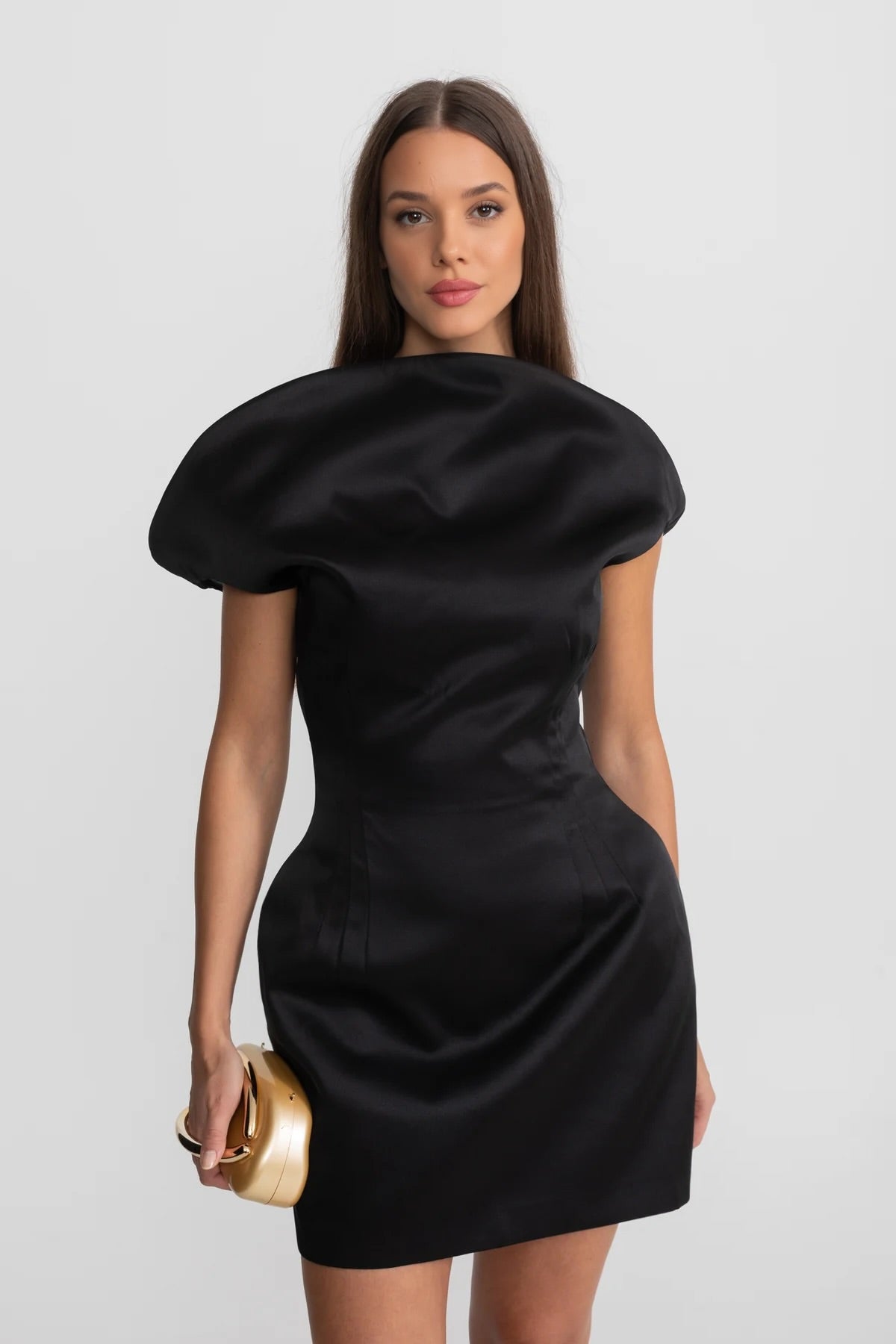 Satin Sculptural Shoulder Boat Neck Structured Hip Mini Dress