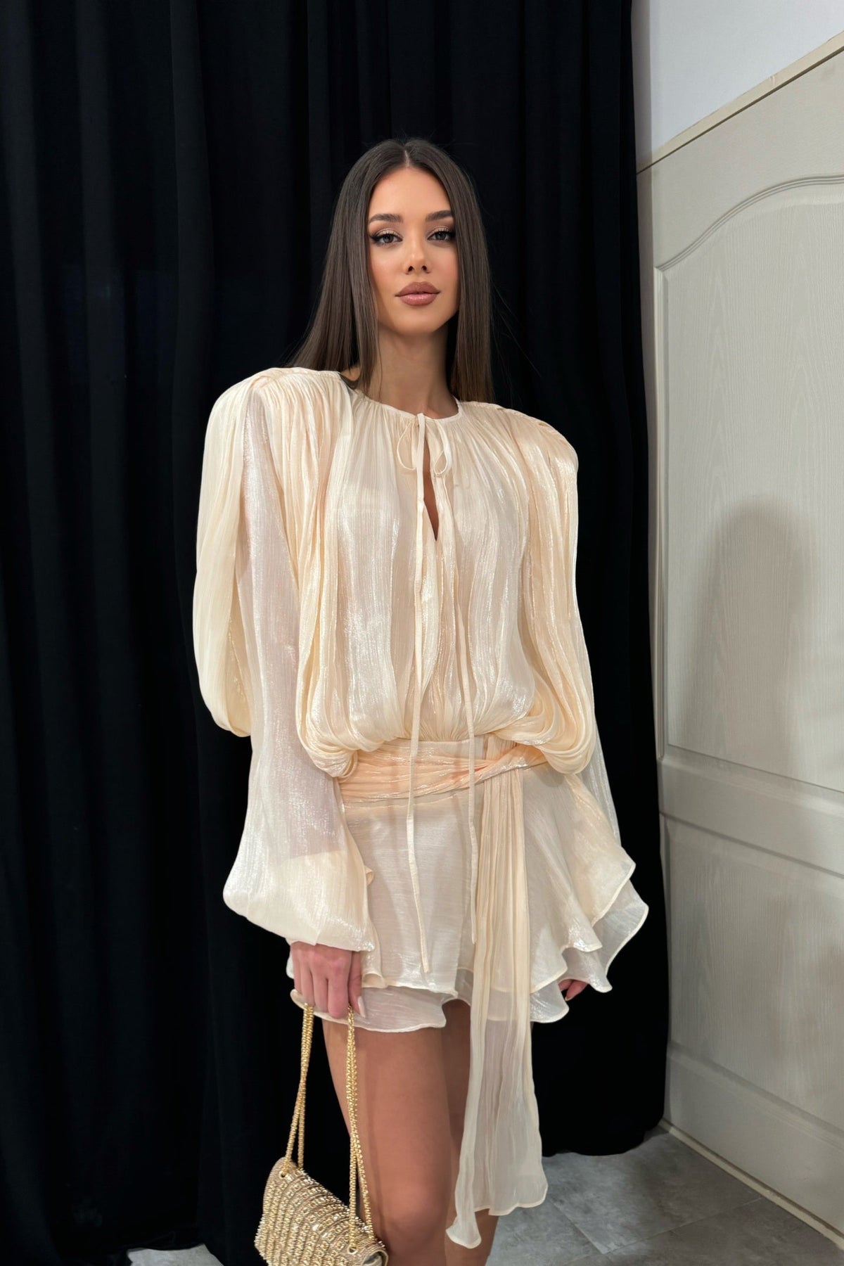 Pleated Satin Tie Neck Long Sleeve Wrap Waist Ruffle Hem Mini Dress 3