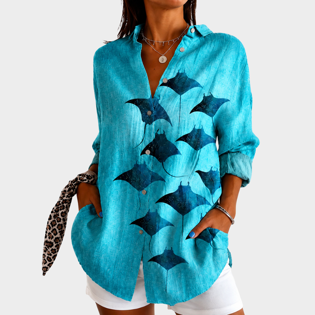 Manta Ray Print Button Front Long Sleeve Shirt