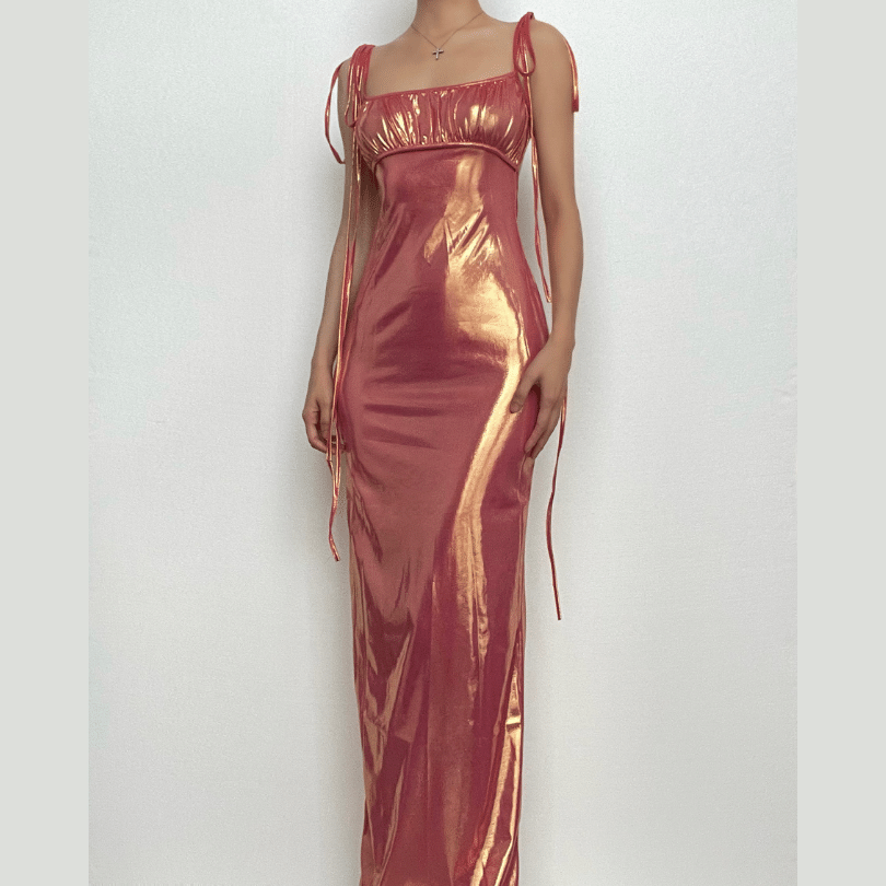 Metallic ruched backless self tie square neck maxi dress 2