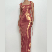 Metallic ruched backless self tie square neck maxi dress 2