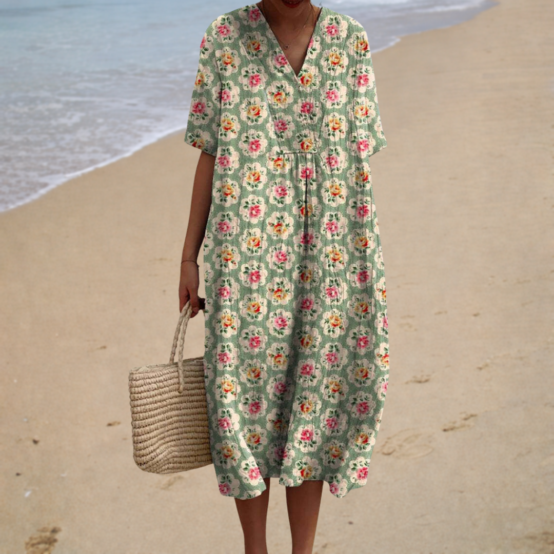 Floral V-Neck Short Sleeve Loose Maxi Dress