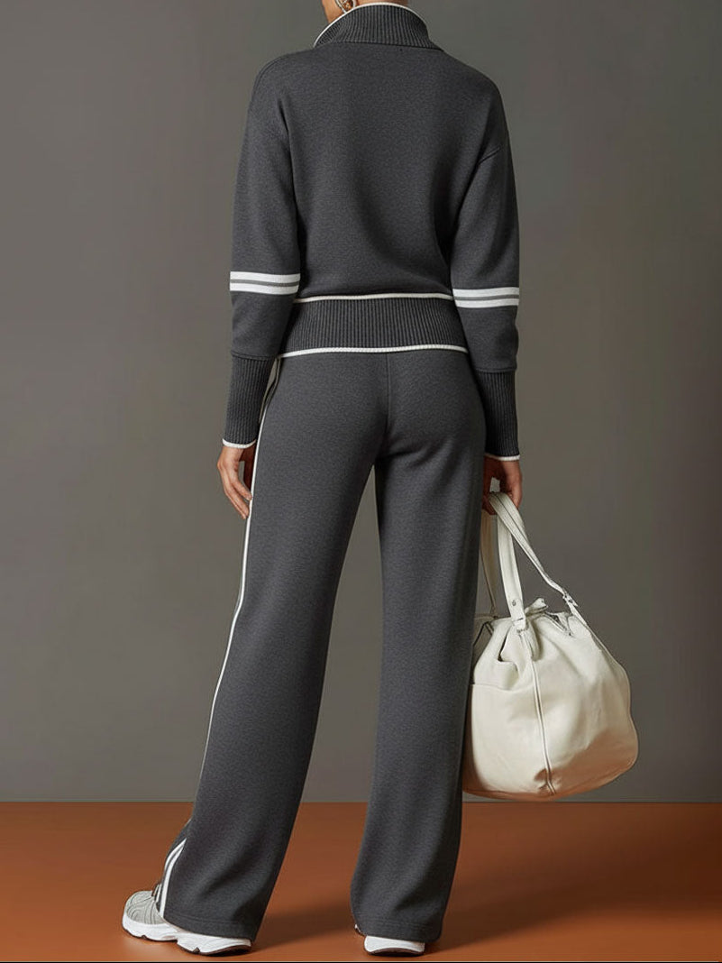 Quarter Zip Contrast Trim Pullover and Wide Leg Pants Two Piece Set