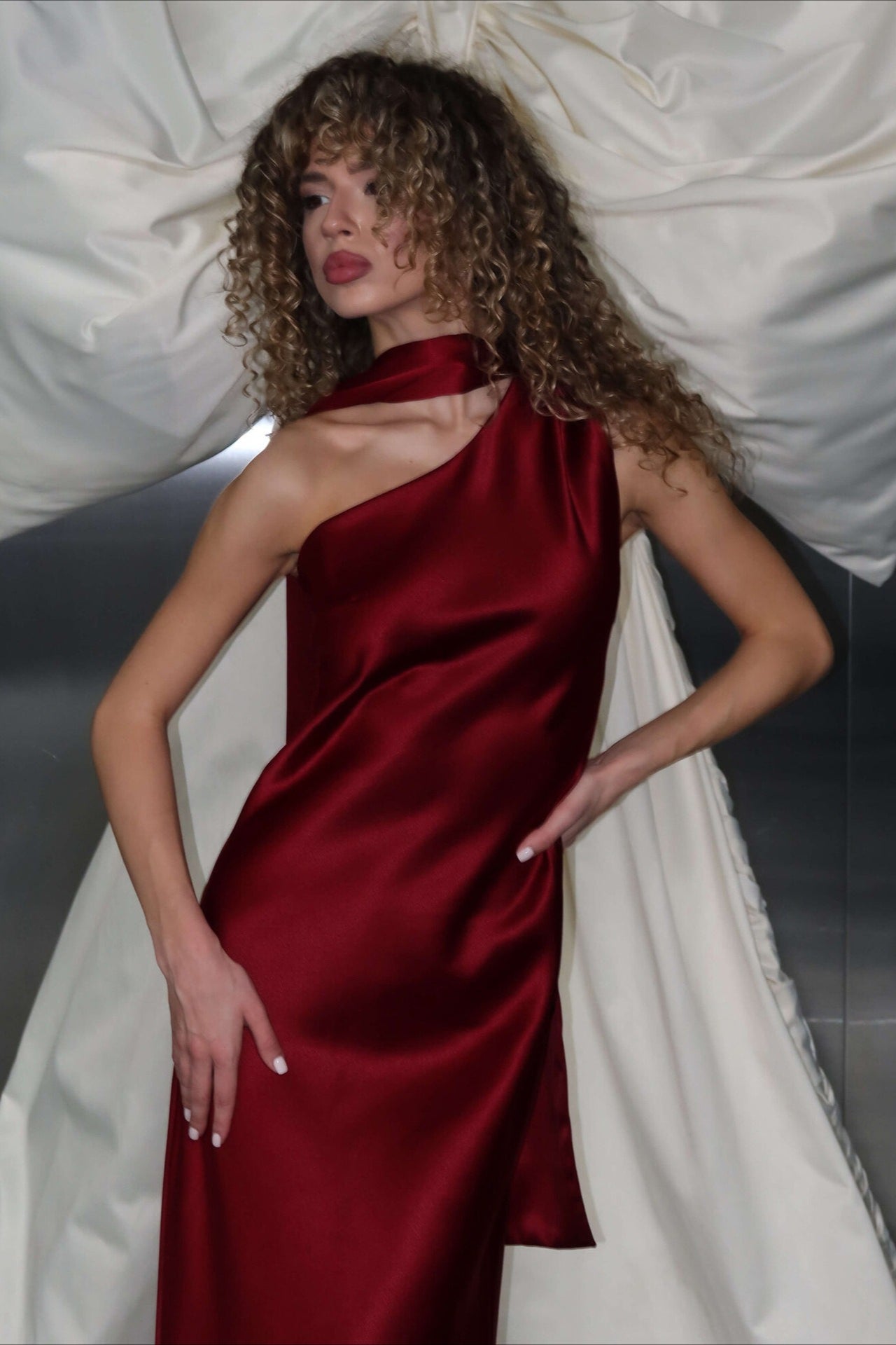 Satin Mock Neck Sash Tie Sleeveless Column Maxi Gown