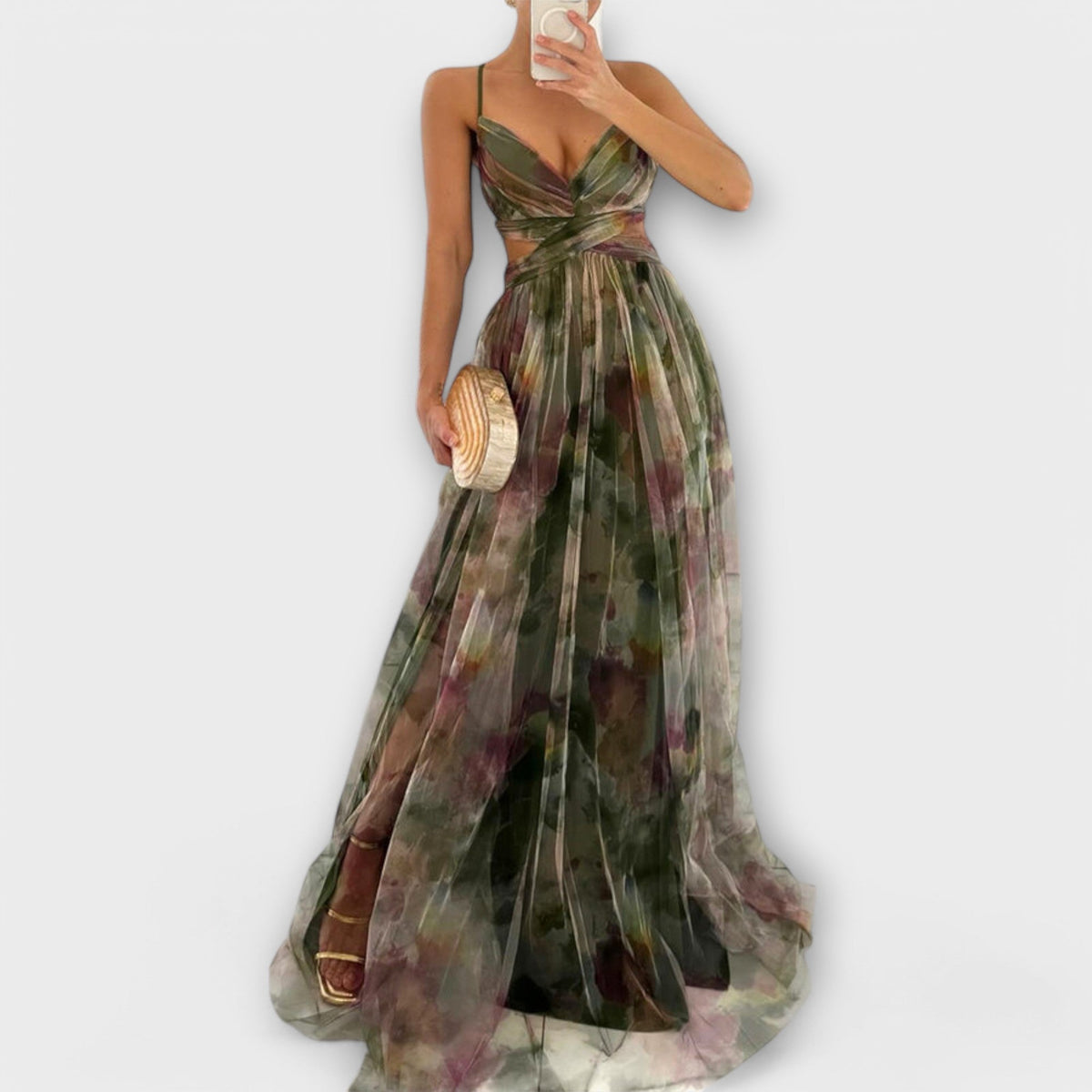 Strapless Sweetheart Floral Print High Split Tulle Maxi Gown
