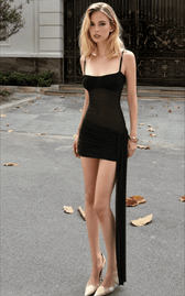 Square Neck Mesh Panel Ruched Wrap Slip Dress