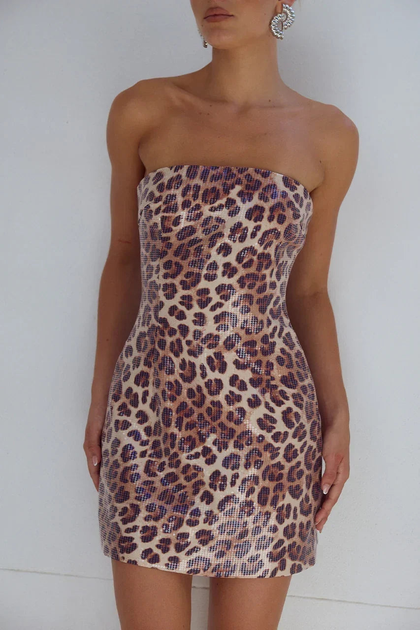 Leopard Print Sequin Strapless Bodycon Mini Dress 4