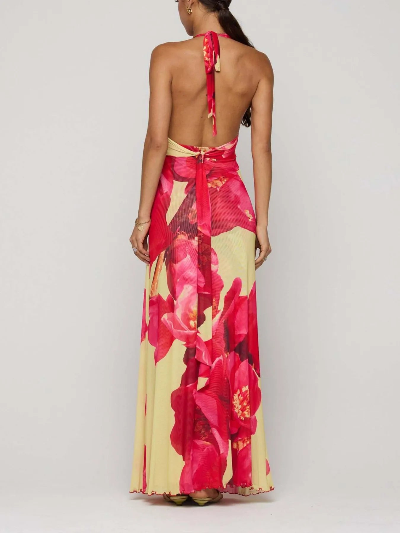 Floral Halter Neck Deep V-Neck Ruched Maxi Dress 13