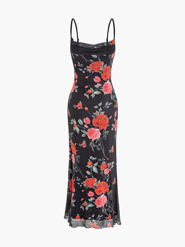 Rose Floral Print Mesh Cowl Neck Spaghetti Strap Maxi Dress 4