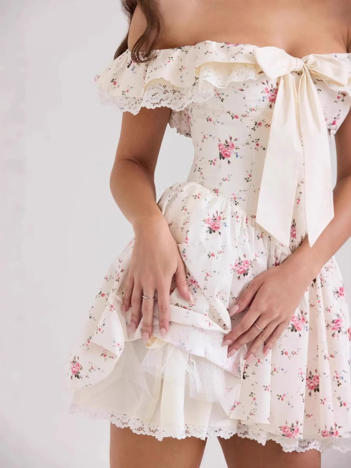 Ditsy Floral Off Shoulder Ruffle Lace Trim Bow Front Mini Dress 3