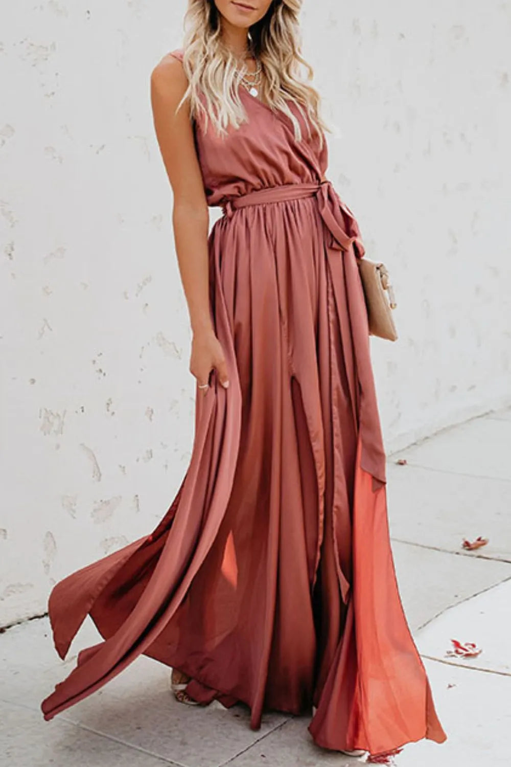 Satin Surplice V-Neck Sleeveless Tie Waist High Split Maxi Dress 11
