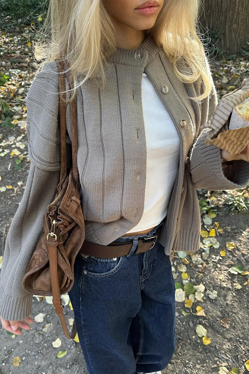 Textured Ribbed Round Neck Knit Cardigan
