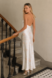 Satin U Neck Halter Backless Slim Floral Dress