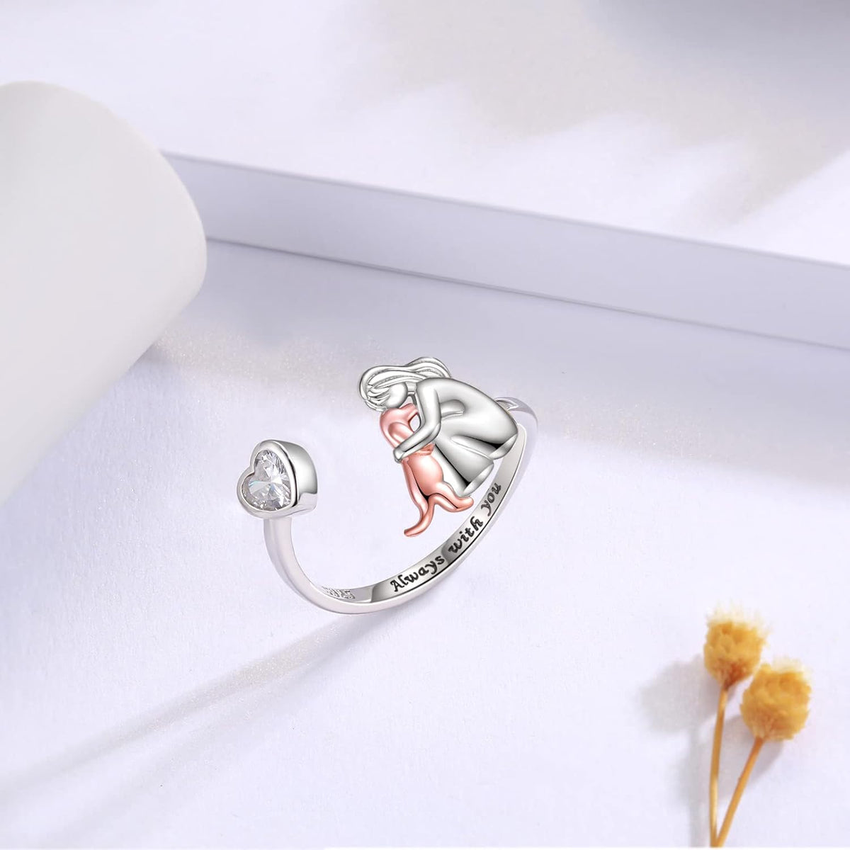Heart Cut Stone Girl and Dog Adjustable Ring