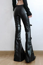 Gothic Eyelet Buckle Lace Panel Leather Flared Low Waist Pants