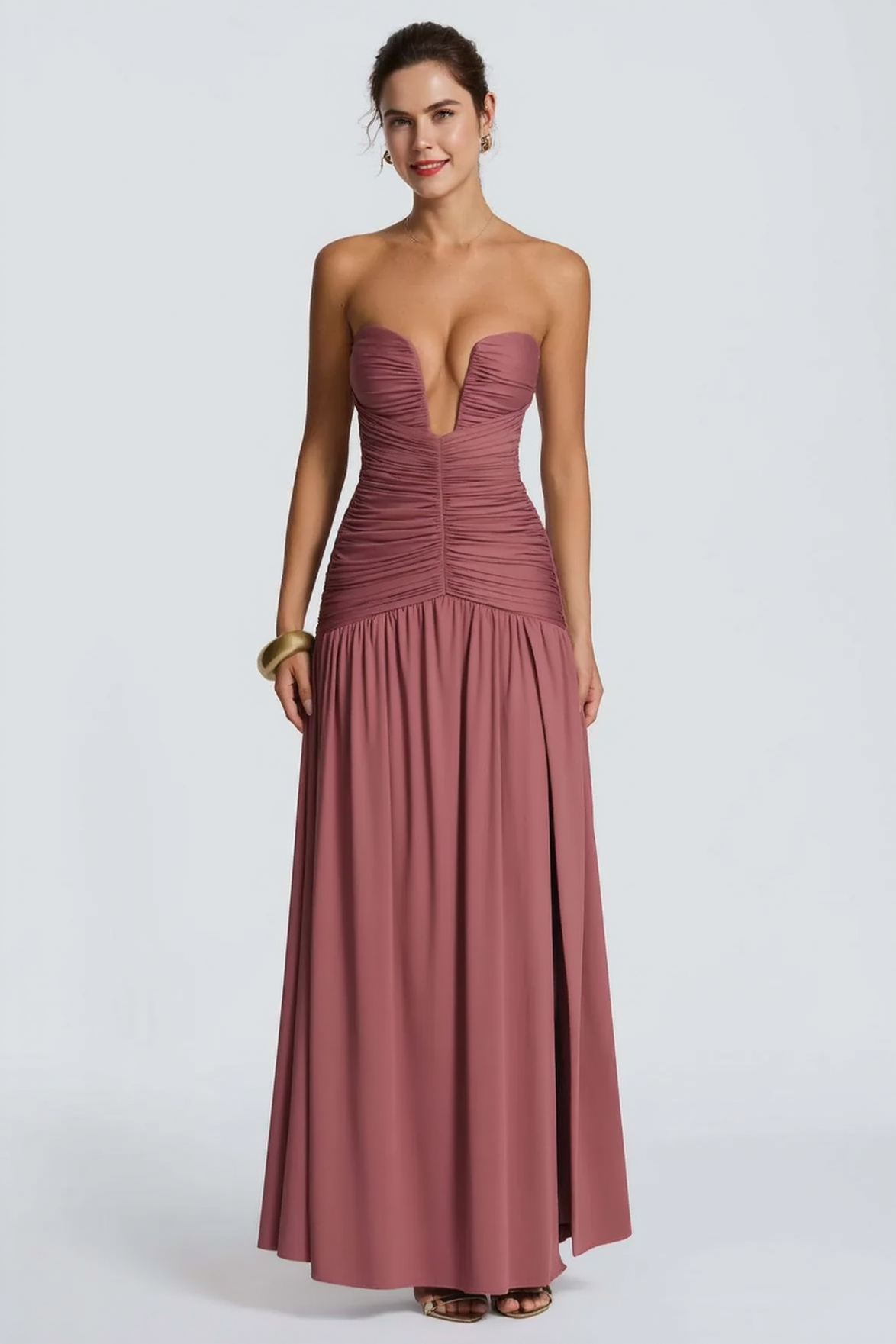 Solid Strapless High Slit Ruched Bodycon Party Dress