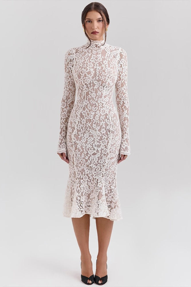 Crew Neck Lace Long Sleeve Mermaid Bodycon Lace Dress