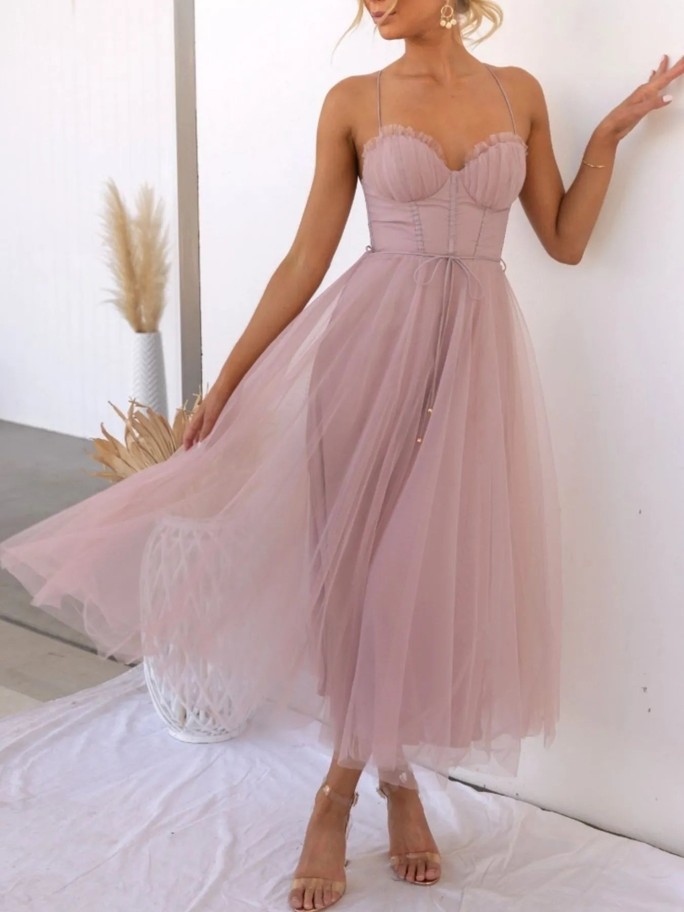 Sweetheart Neck Tulle Midi Dress Pink