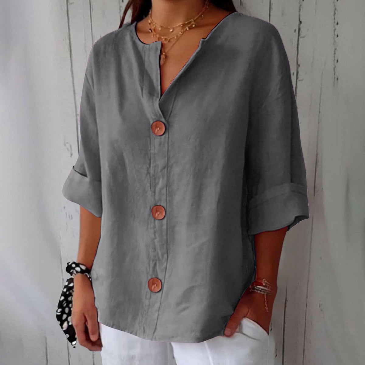 Split Neck Roll Sleeve Button Front Blouse