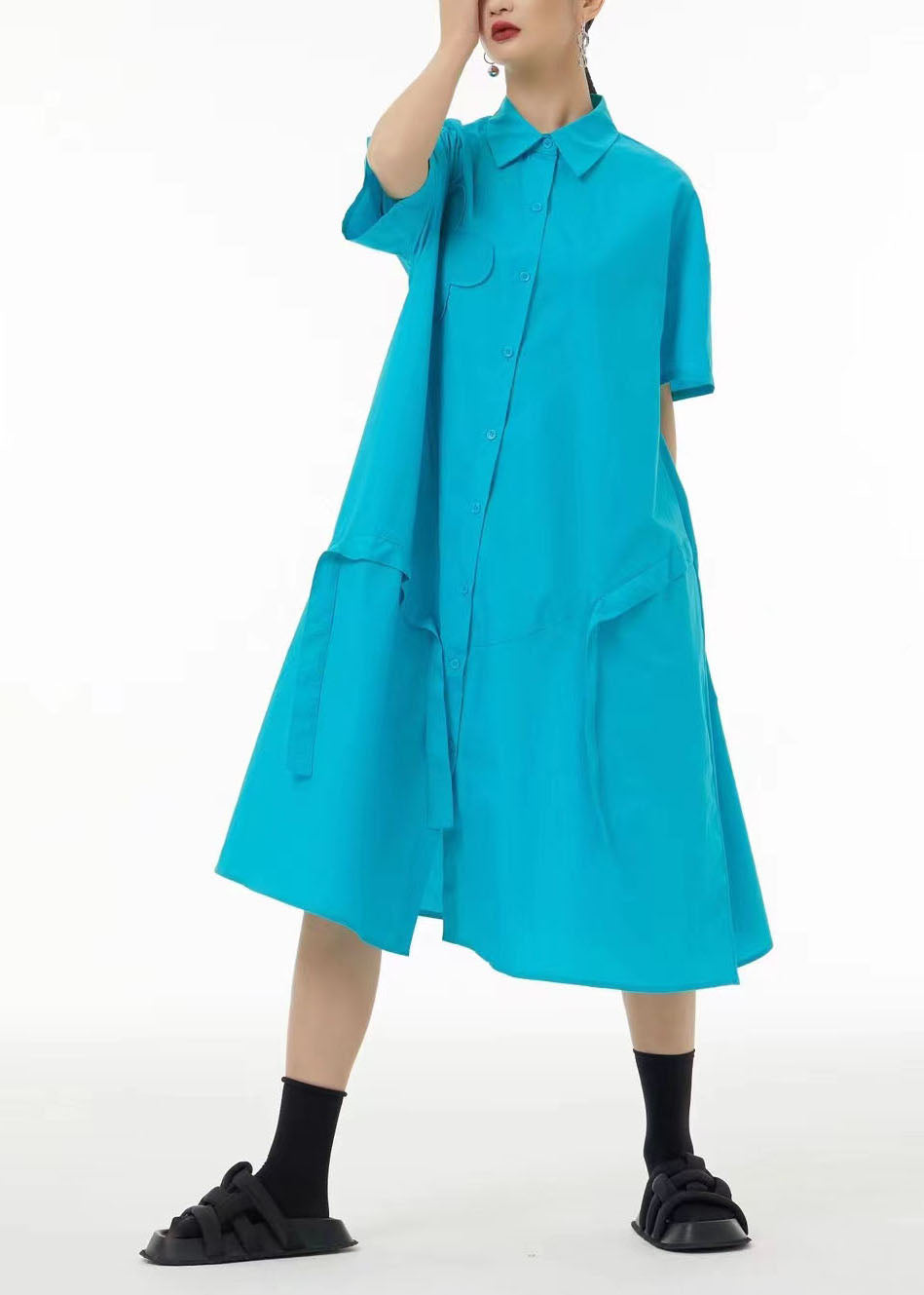 Button Down Short Sleeve Puffy Flower Appliqué Strap Detail Oversized Midi Dress