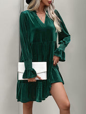 Velvet V-Neck Long Sleeve Tiered Mini Dress 13