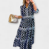 Chain Print Collared Long Sleeve Tiered Midi Dress 2