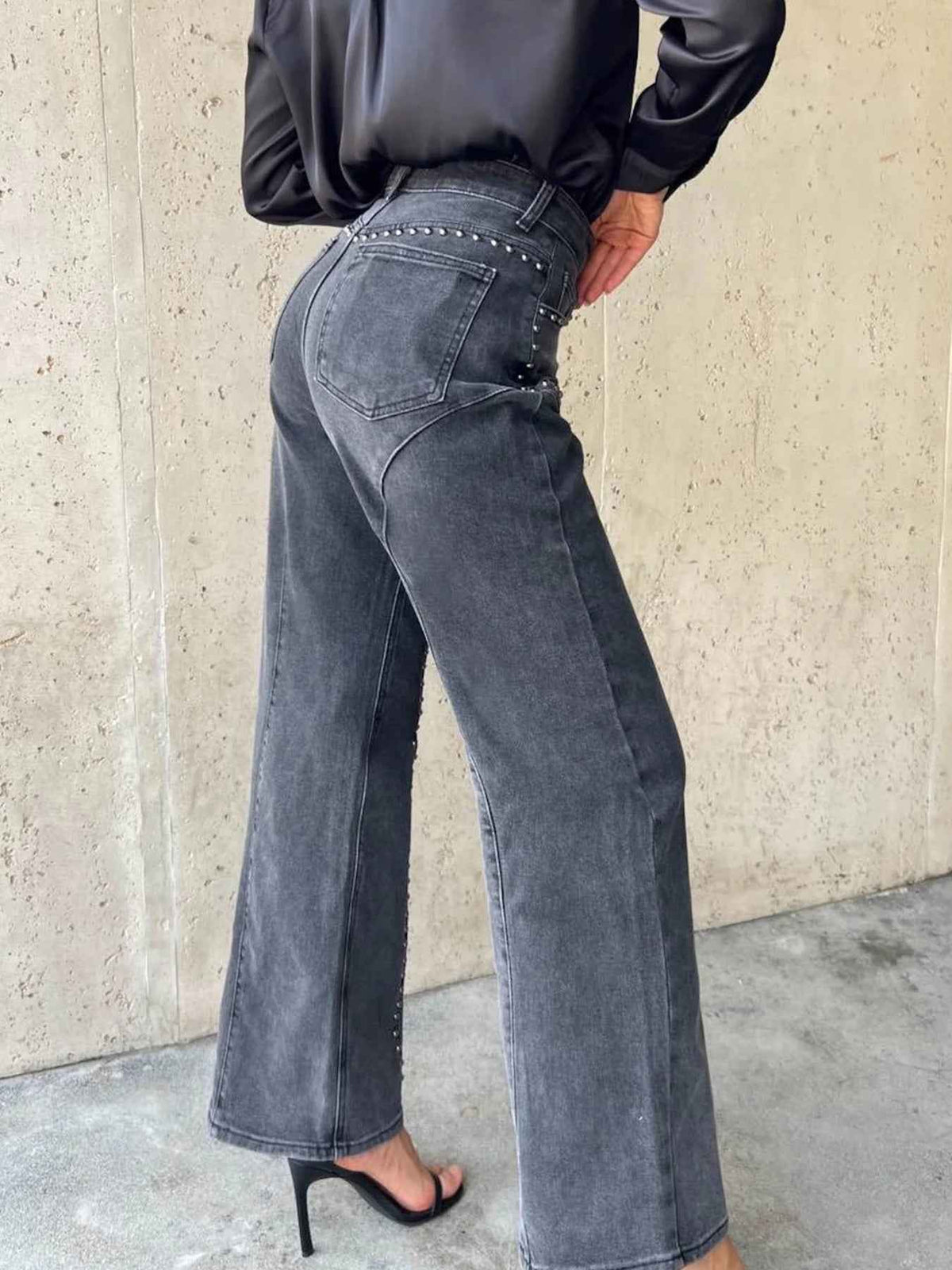 High Waist Studded Curved Seam Wide Leg Jeans 5