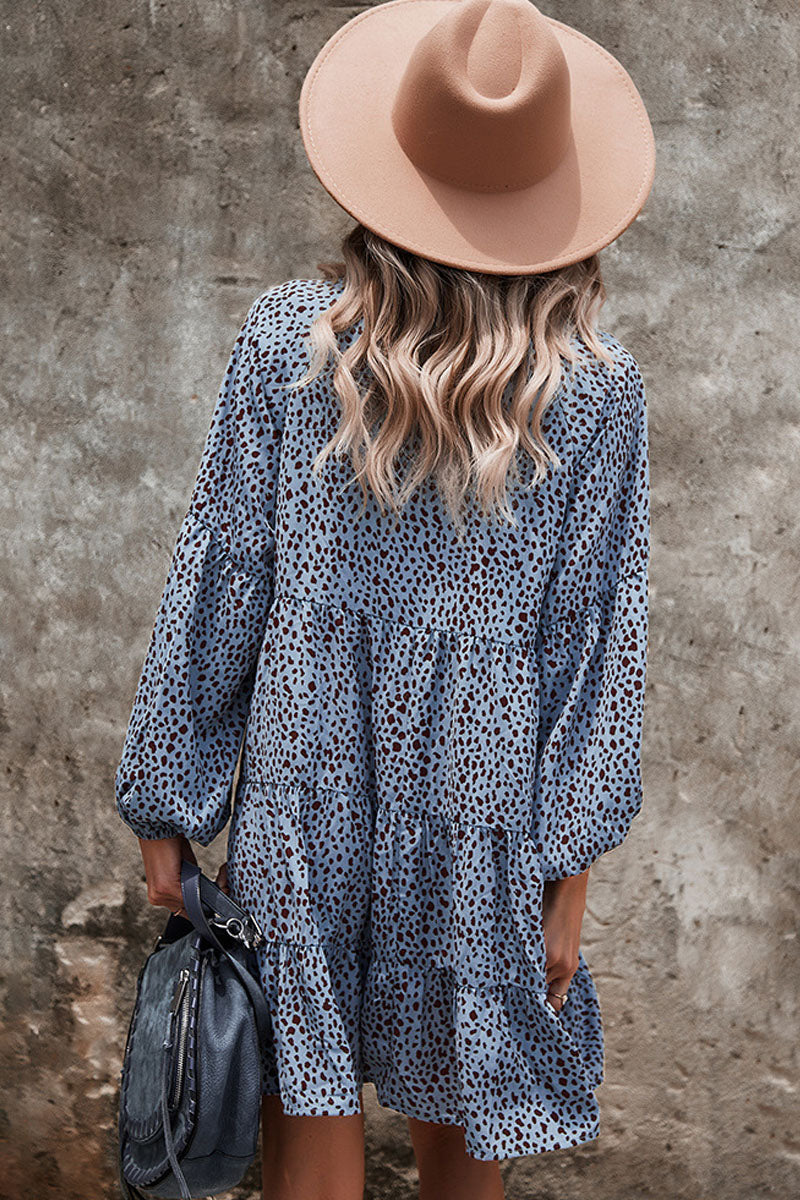 V Neck Leopard Print Button Design Loose Mini Dress