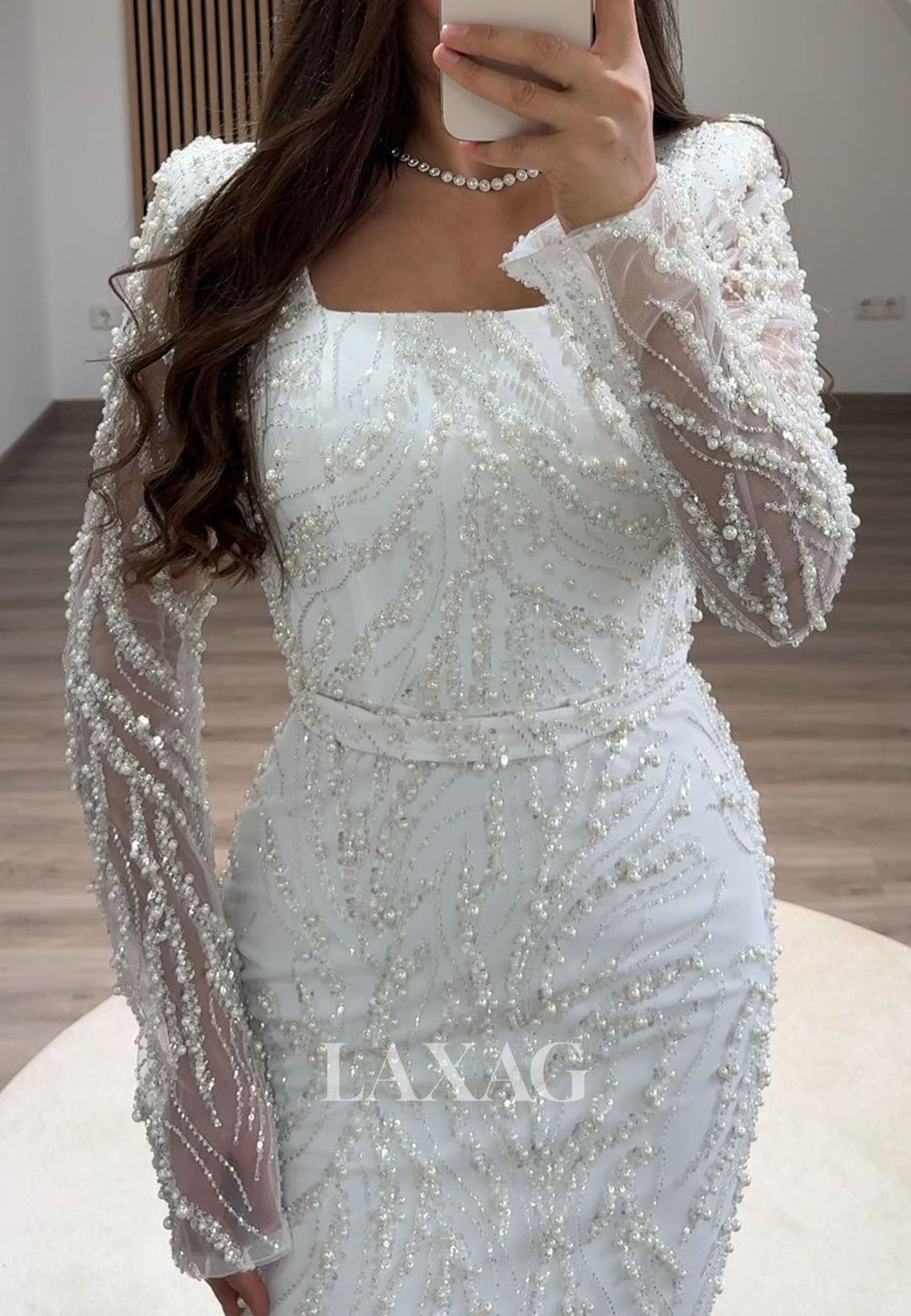 Square-Neck Long Sleeves Pleated Mermaid Prom Dress Beaded Sequined Floor-Length Evening Gowns