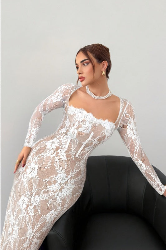Lace V-Neck Long Sleeve Bodycon Mini Summer Dress - View 3