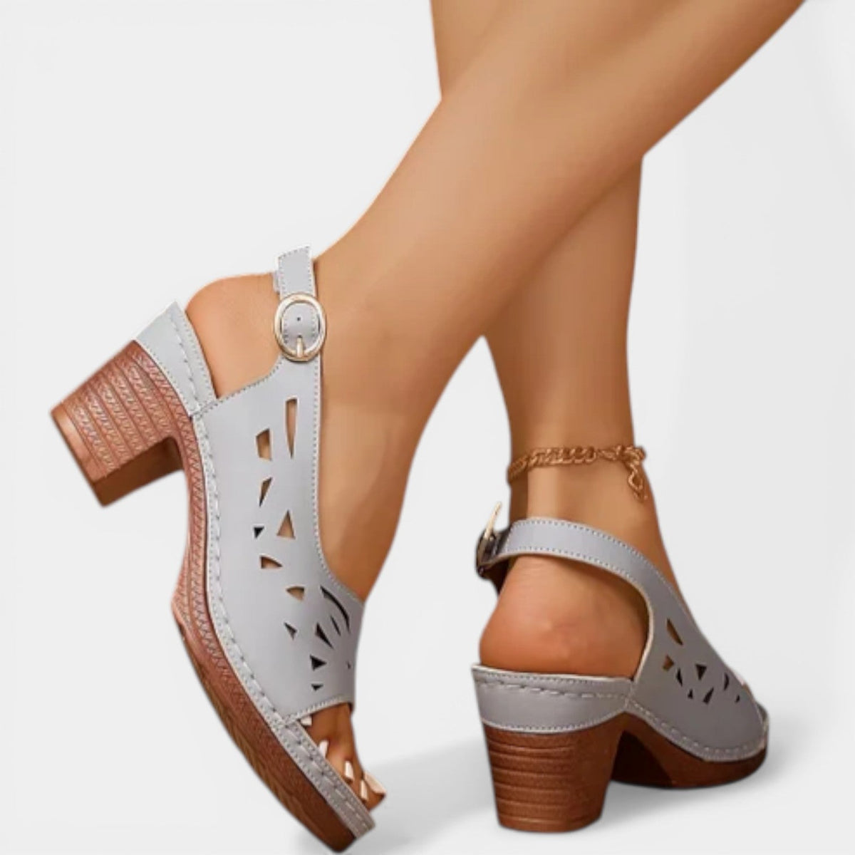 Peep Toe Laser Cut Slingback Block Heel Sandals