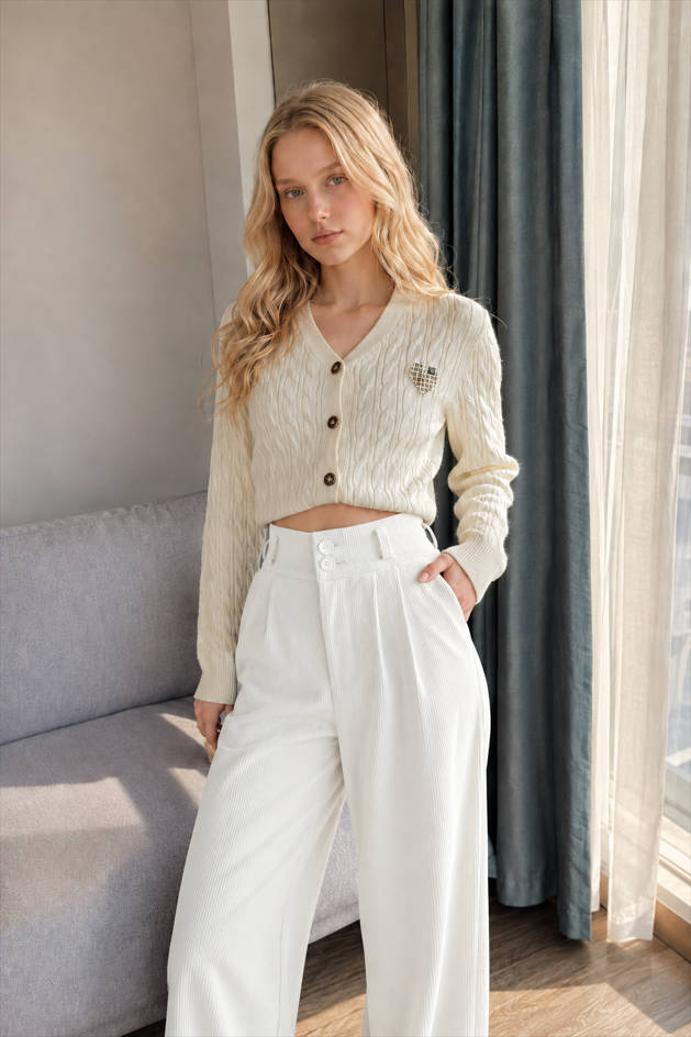 High Waist Double Button Pleated Corduroy Wide Leg Trousers