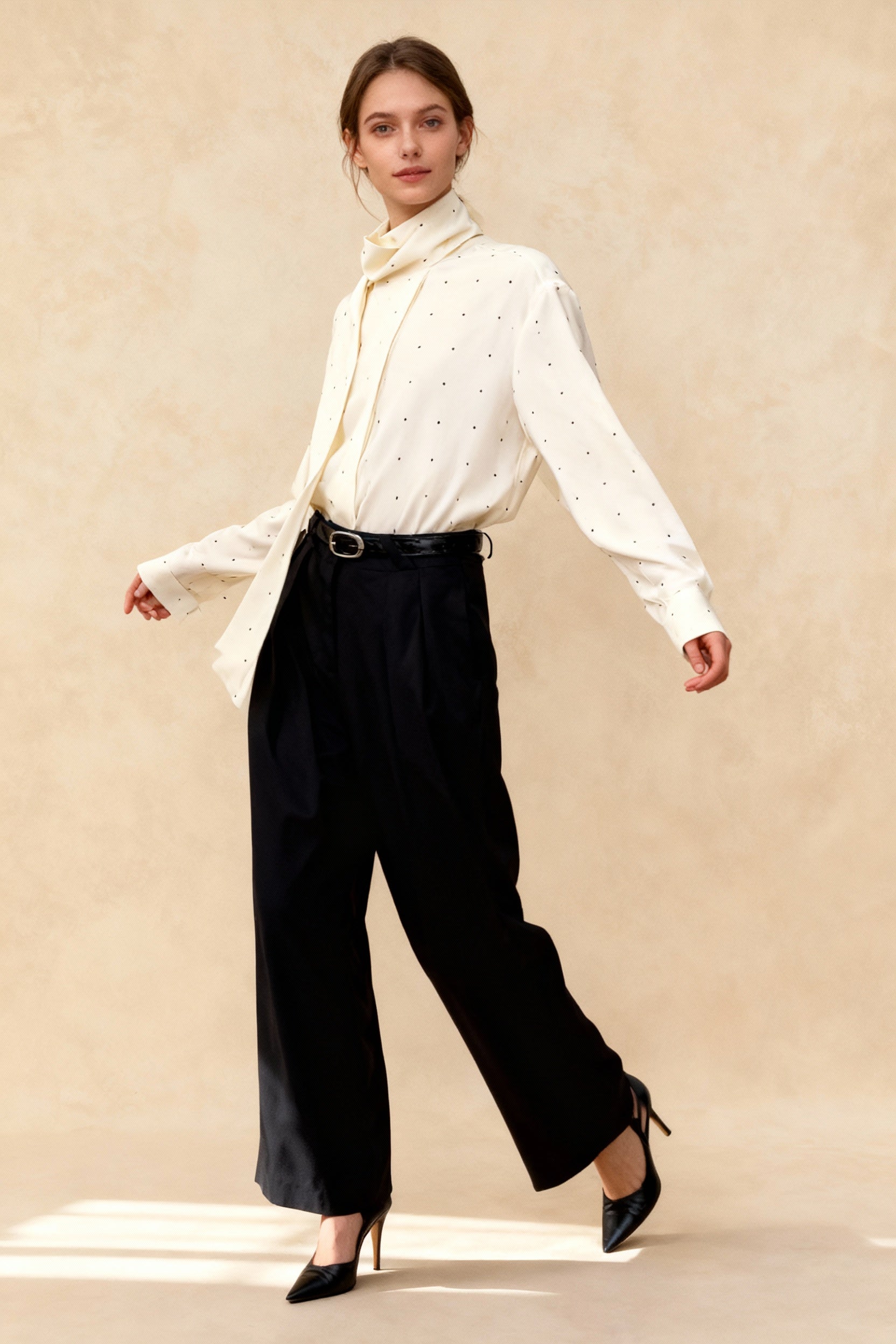 Polka Dot RibbonTie Loose LongSleeve Blouse