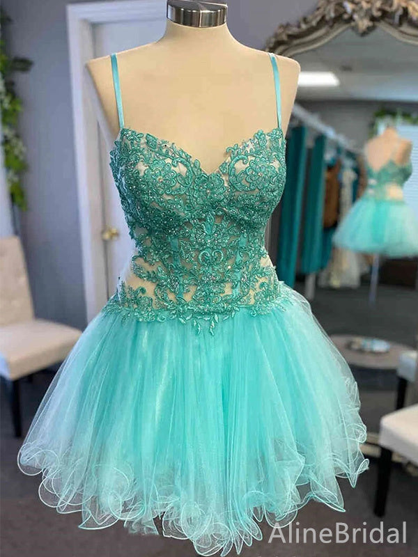 Sheer Lace Applique Spaghetti Strap Tulle A-Line Mini Homecoming Dress